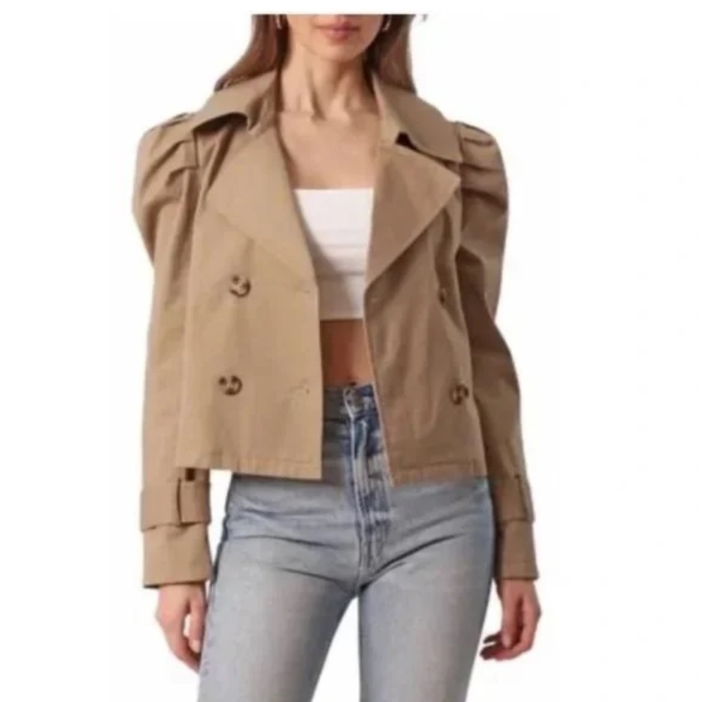 Avec Les Filles Tan Trench Double Breasted Coat Cropped Medium M Puff Sleeve